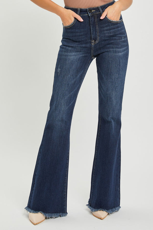 SALE Risen High Rise Vintage Frayed Hem Flare Jeans