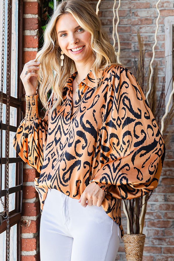 One Button Collared Printed Satin Blouse