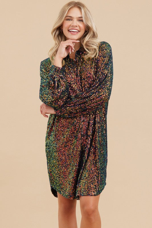 Sequins Button-up Shirts Dress  - Curvy Size