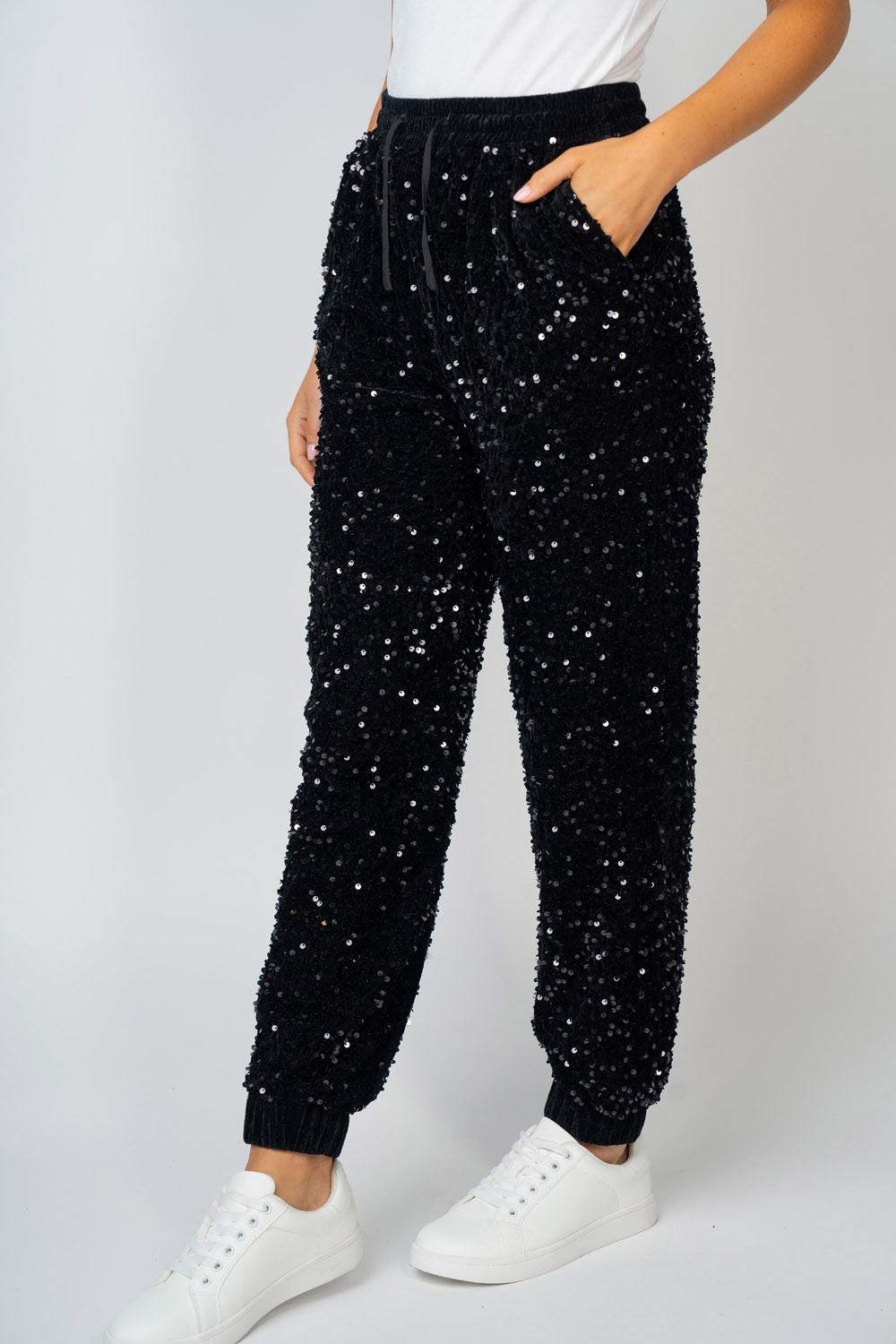 High Waisted Sequin Knit Joggers