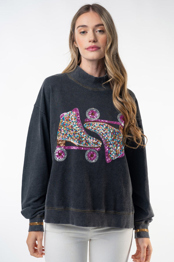 Long Sleeve Solid Knit Top w/skate Sequin