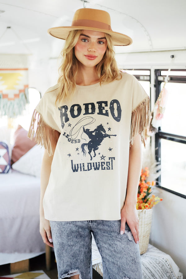 Rodeo Print Cotton Jersey Top w/fringe sleeve