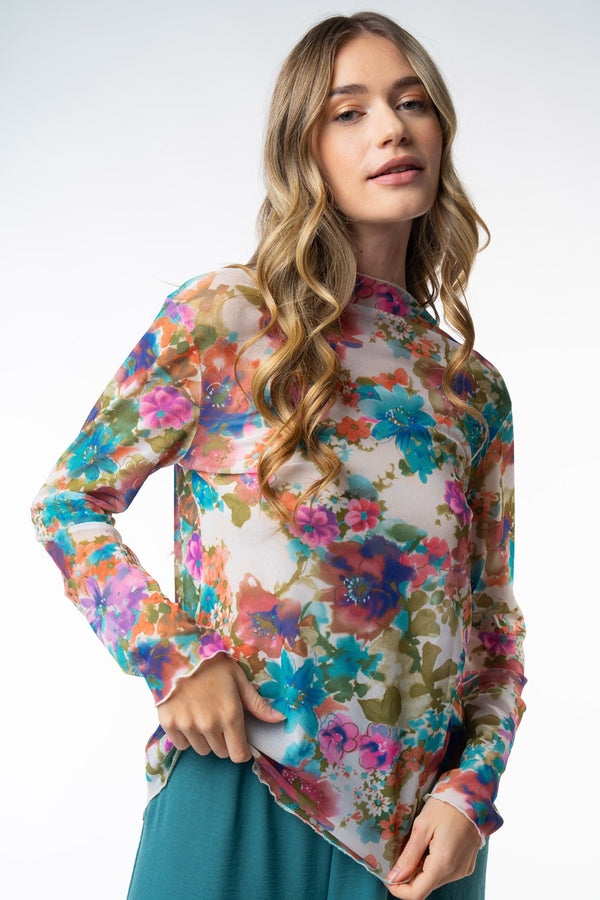 Long Sleeve Floral Print Knit Top - Curvy Size