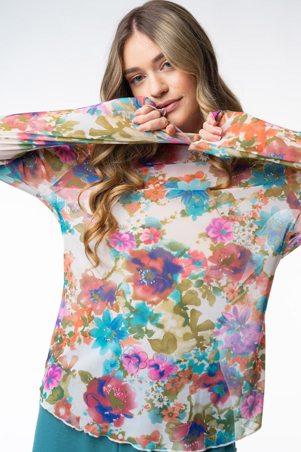 Long Sleeve Floral Print Knit Top - Curvy Size