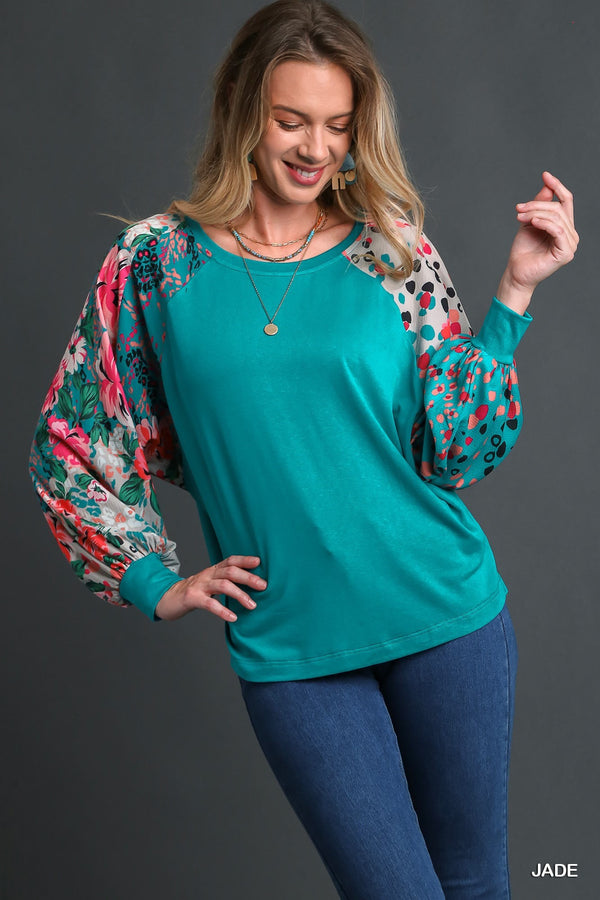 Round Neck Top with Mixed Print Long Sleeves & Side Slits