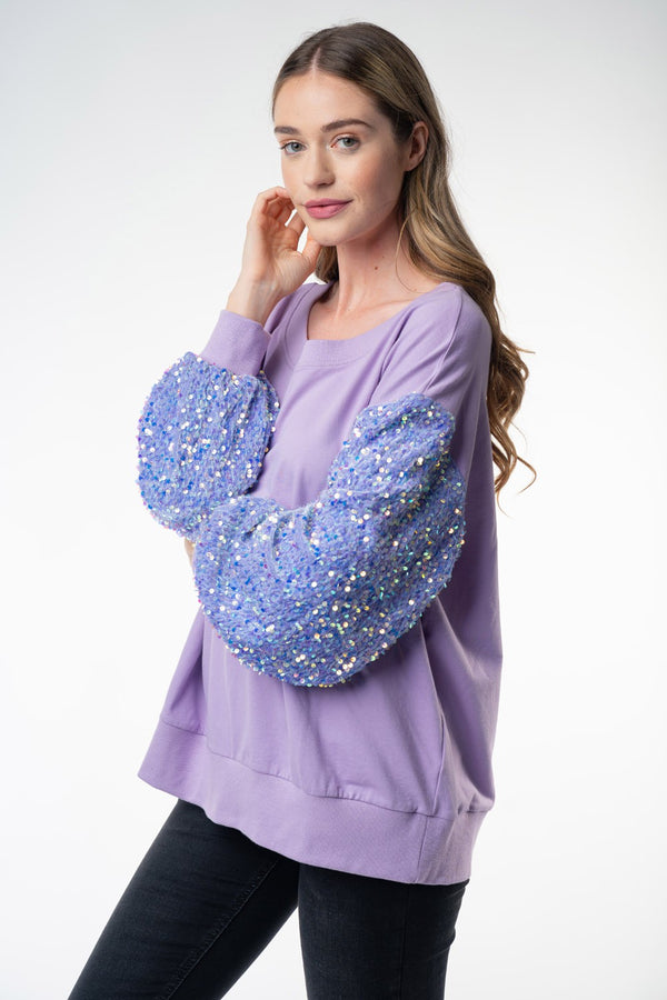 Long Sleeve Solid Knit Top w/sequin sleeves - Curvy Size
