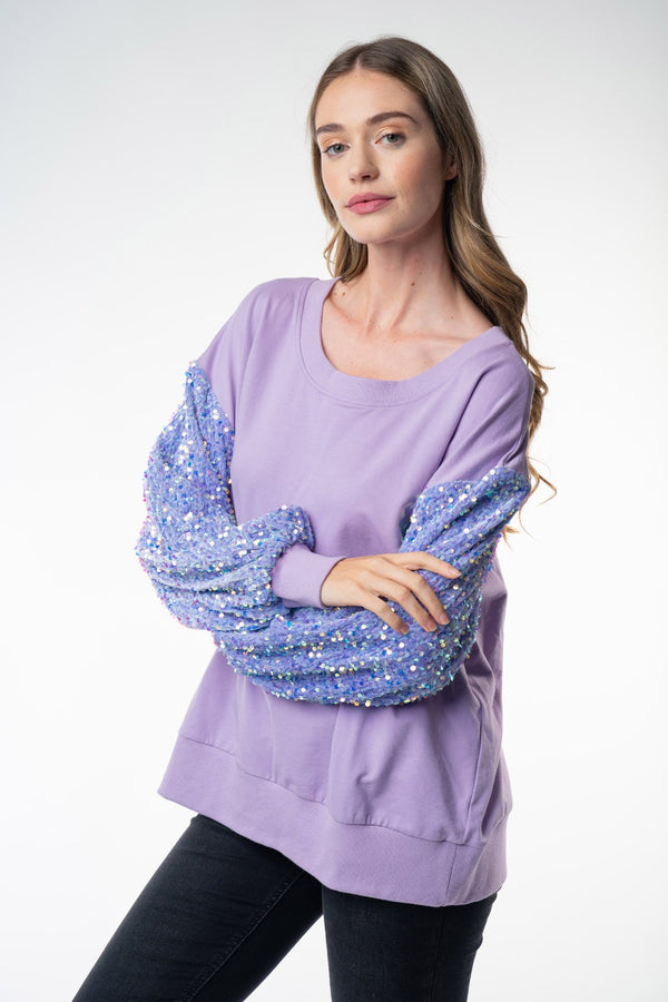 Long Sleeve Solid Knit Top w/sequin sleeves - Curvy Size