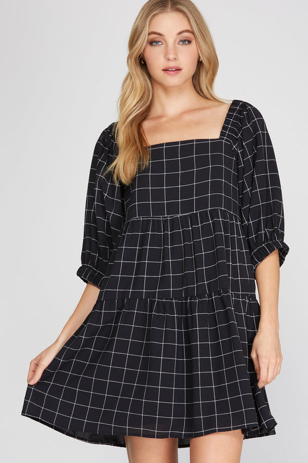 1/2 Sleeve Woven Checkered Tiered Dress