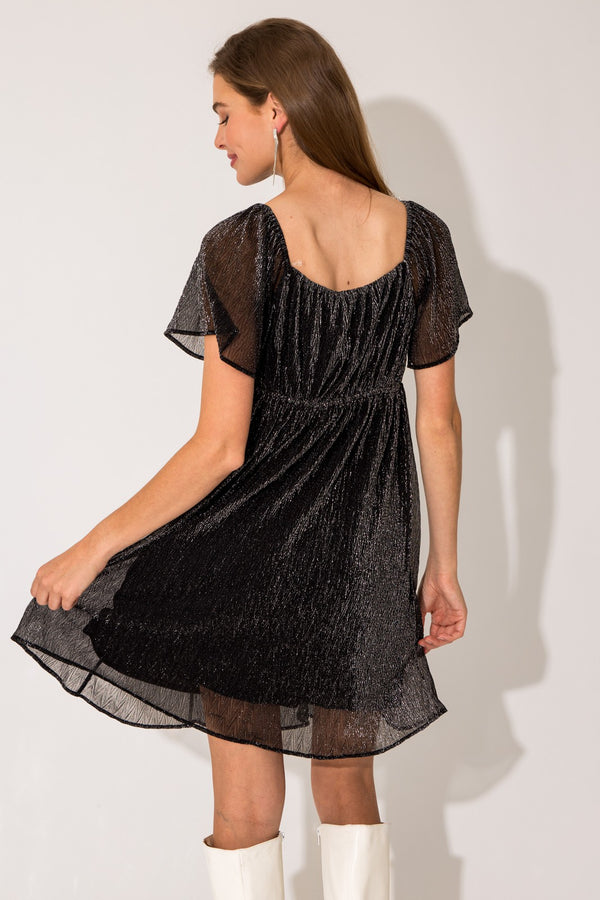 Short Sleeve Square Neck Textured Lurex Dress