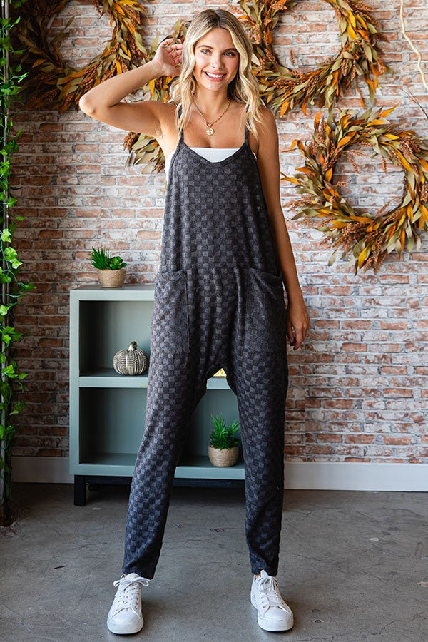 Brushed Check Textured Drop Crotch Jumpsuit