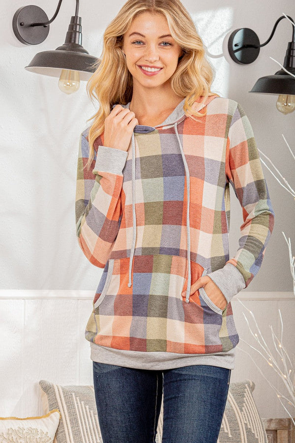 Solid and Plaid Hooded Top - Curvy Size