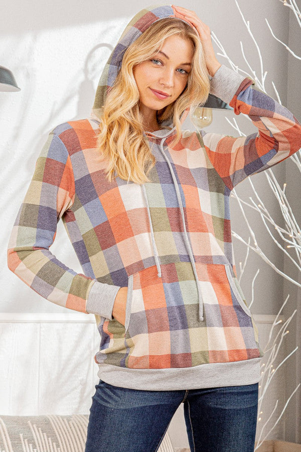 Solid and Plaid Hooded Top - Curvy Size