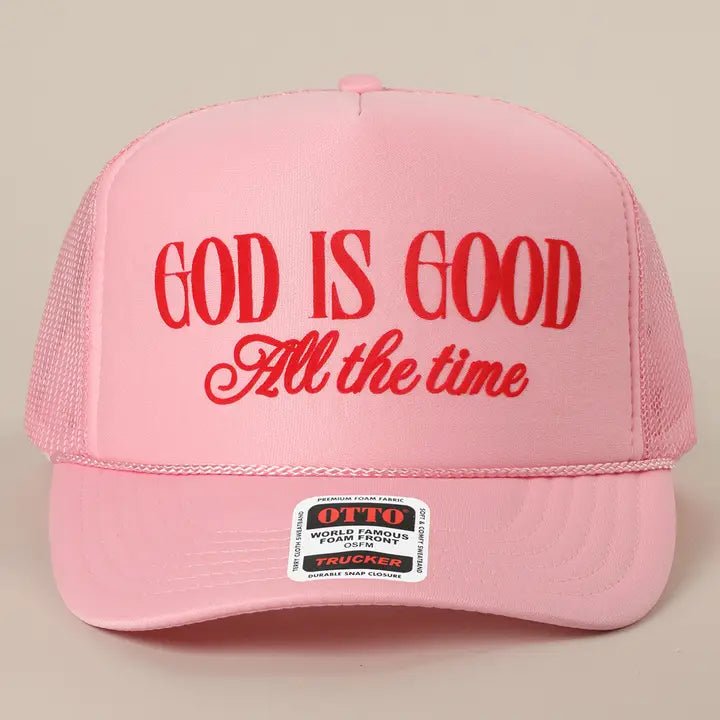 God Is Good Text Mesh Back Foam Trucker Hat - Blush & Cactus