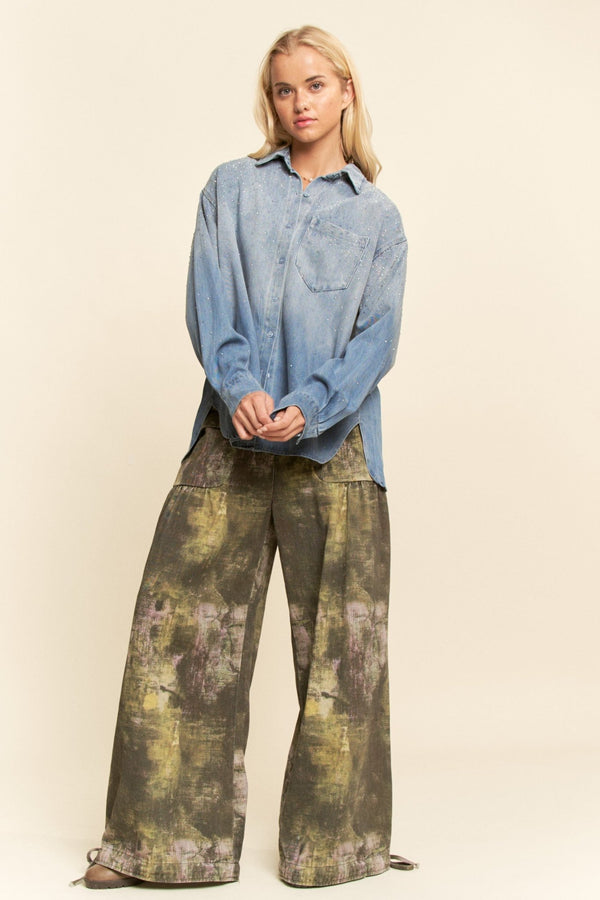 Davi & Dani Oversized Rhinestone Chest Pocket Denim Shirt - Blush & Cactus