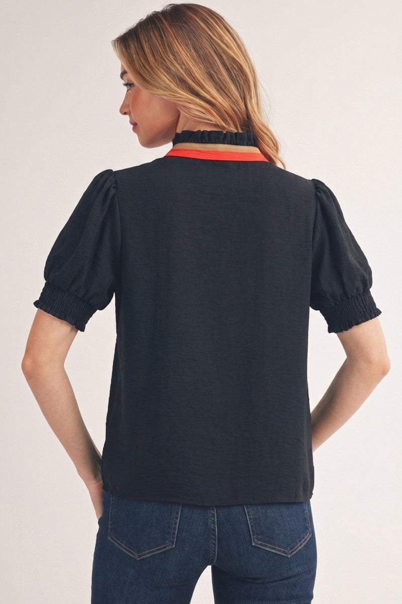 Ruffled Neckline Solid Crinkle Top