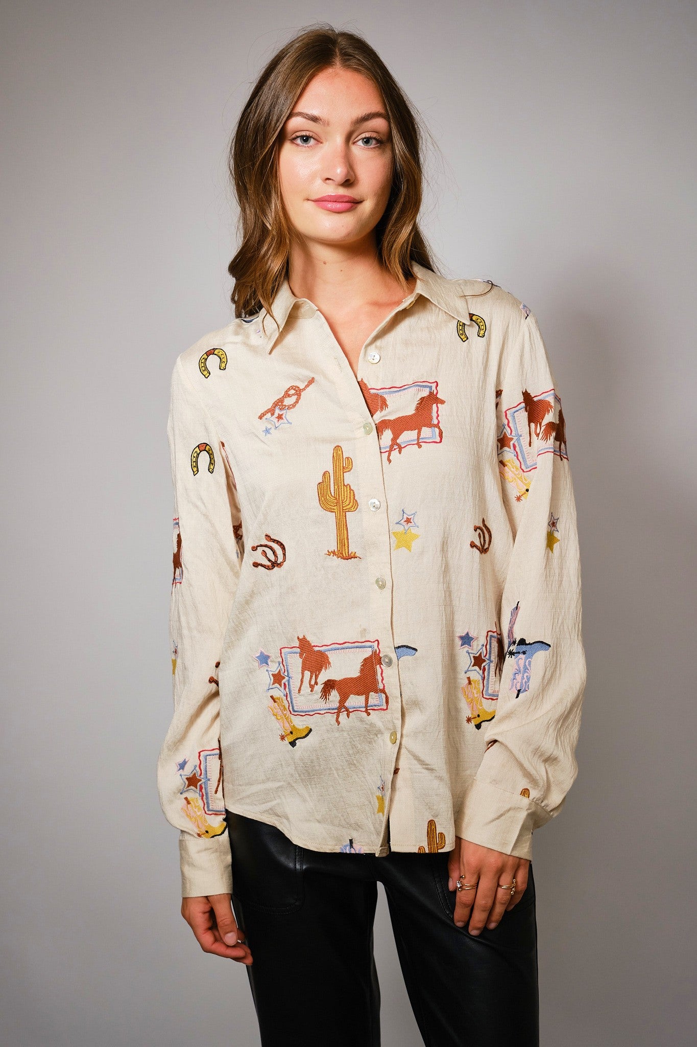 Western Embroidered Shirt - Blush & Cactus