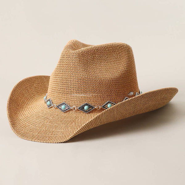 Cowboy Straw Hat With Turquoise Metal Band