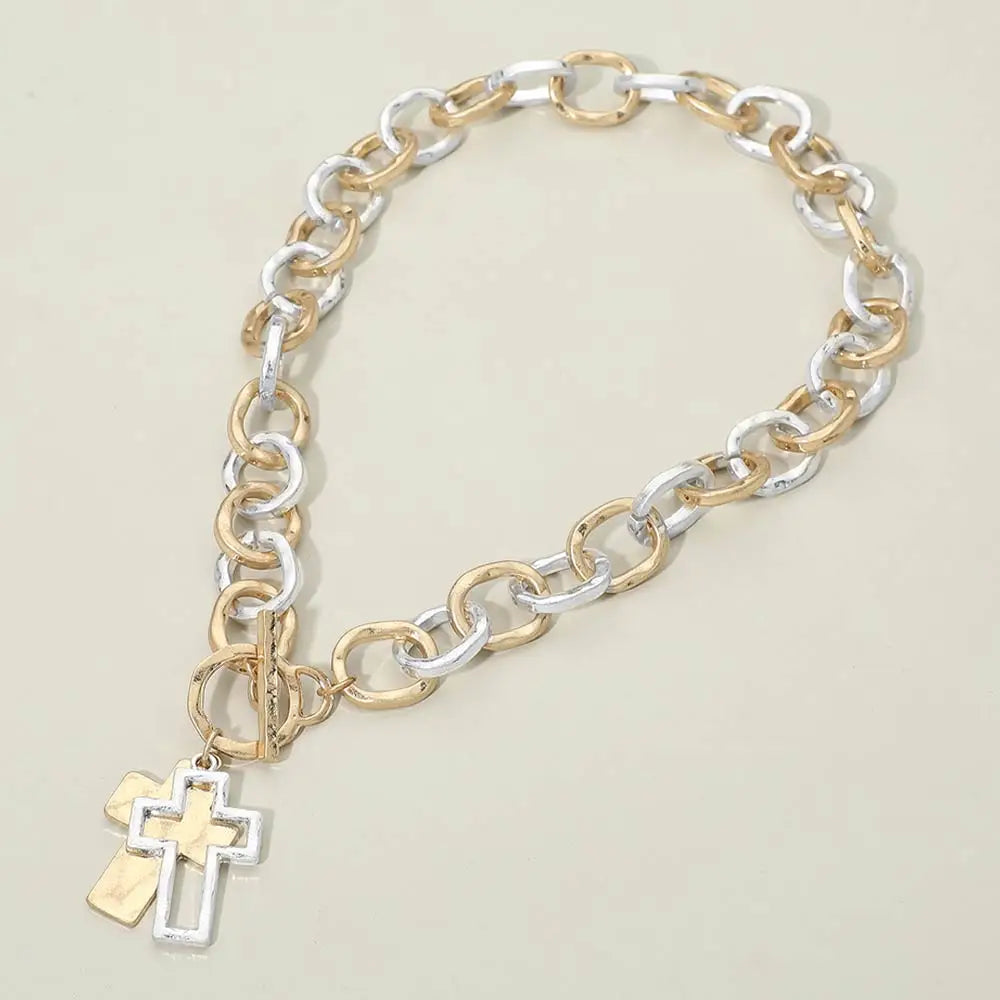 Hammered Layered Cross Pendant Chunky Chain Toggle Necklace