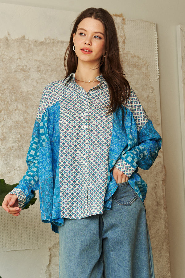 Geo Mixed Printed Button Front Slouchy Relaxed Top
