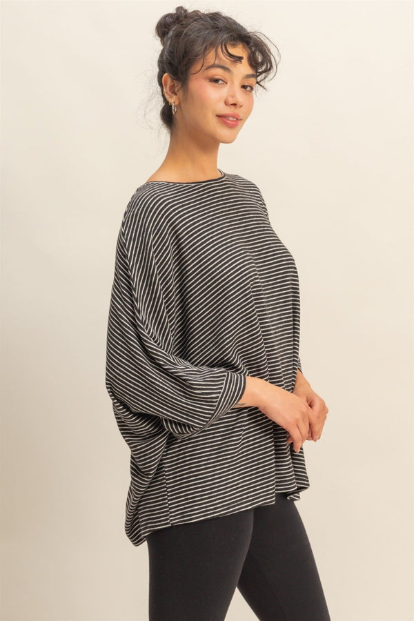 Brushed Fabric Striped Oversized 3/4 Sleeve Top - Blush & Cactus