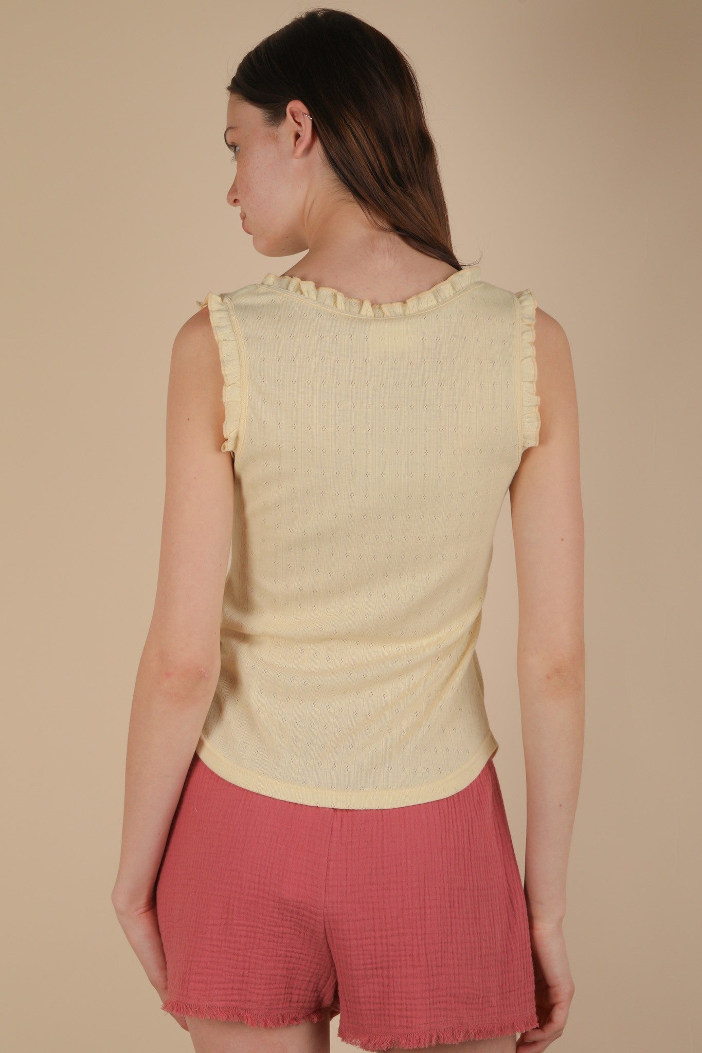 Very J Bow Trim Ruffled Knit Tank Top