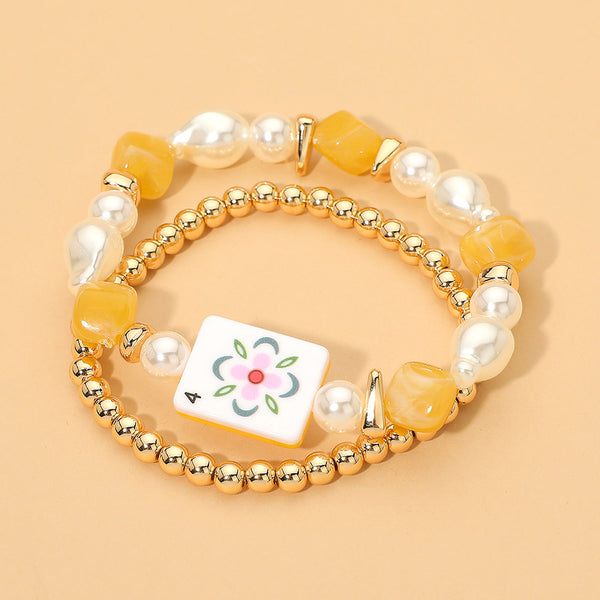 Mahjong Tile Pearl Beaded Stretch Multi Layered Bracelets