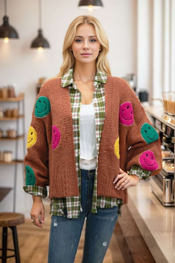 Fuzzy Smile Long Bell Sleeve open Knit Cardigan - Curvy Size