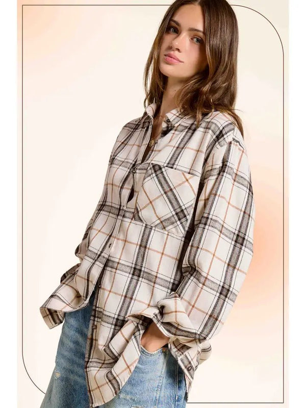 Loose Fit Button Down Soft Fabric Plaid Shirts - Blush & Cactus