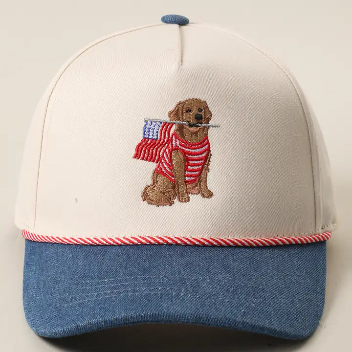 Golden Retriever Holding USA Flag Denim Brim Trucker Hat