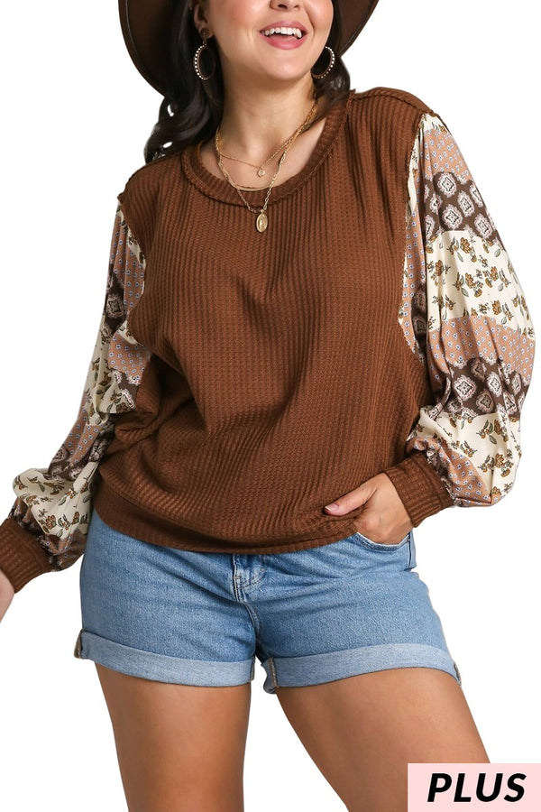 Waffle Knit & Woven Mixed Print Top - Curvy Size