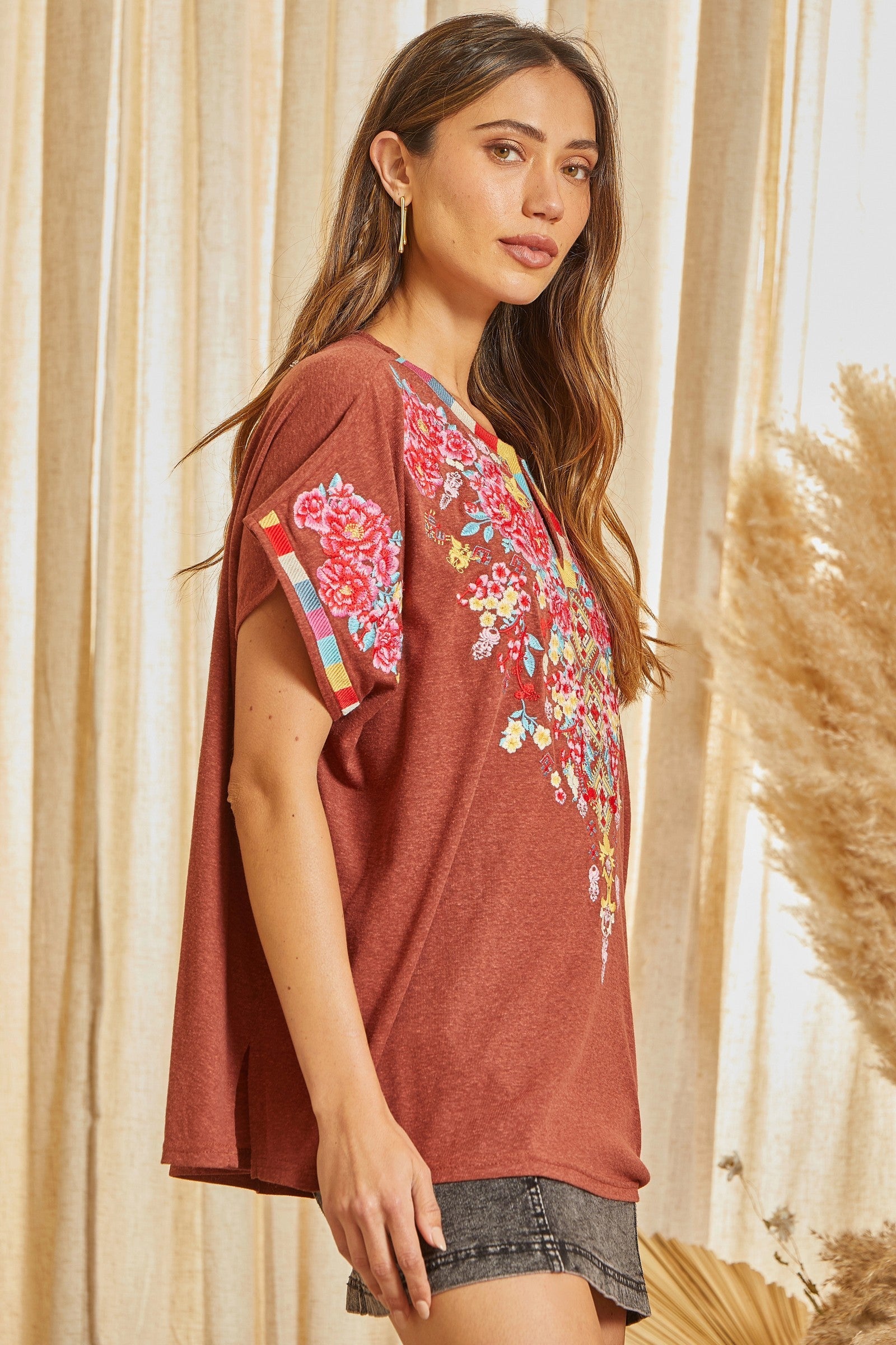 Poncho Top with Floral Embroidery - Curvy Size