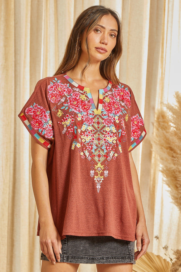 Poncho Top with Floral Embroidery - Curvy Size