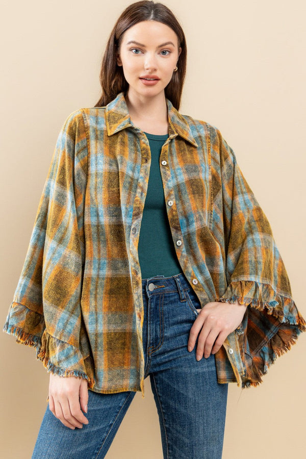Washed Button Down Flannel Woven Top 3/4 sleeves - Curvy Size