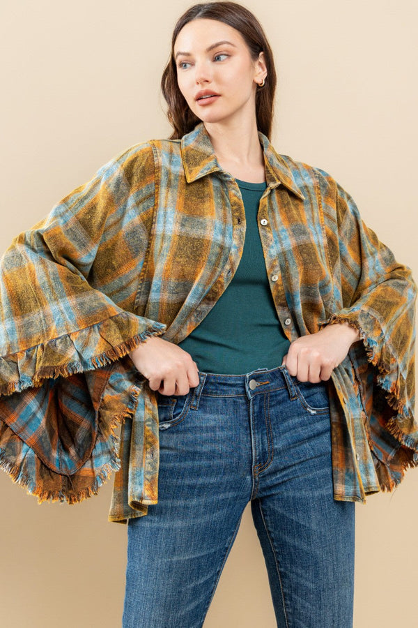 Washed Button Down Flannel Woven Top 3/4 sleeves - Curvy Size