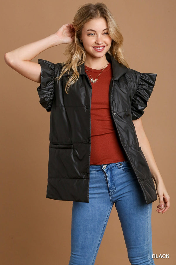 Puffer Vest Jacket with Ruffle Detail & Side Pockets