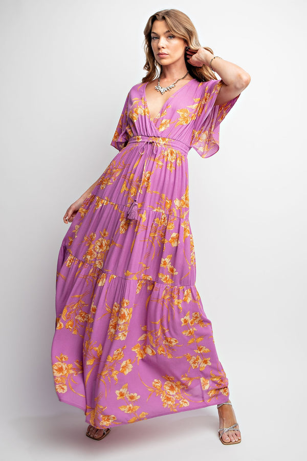 Easel Floral Printed Gauze Surplus Maxi Dress