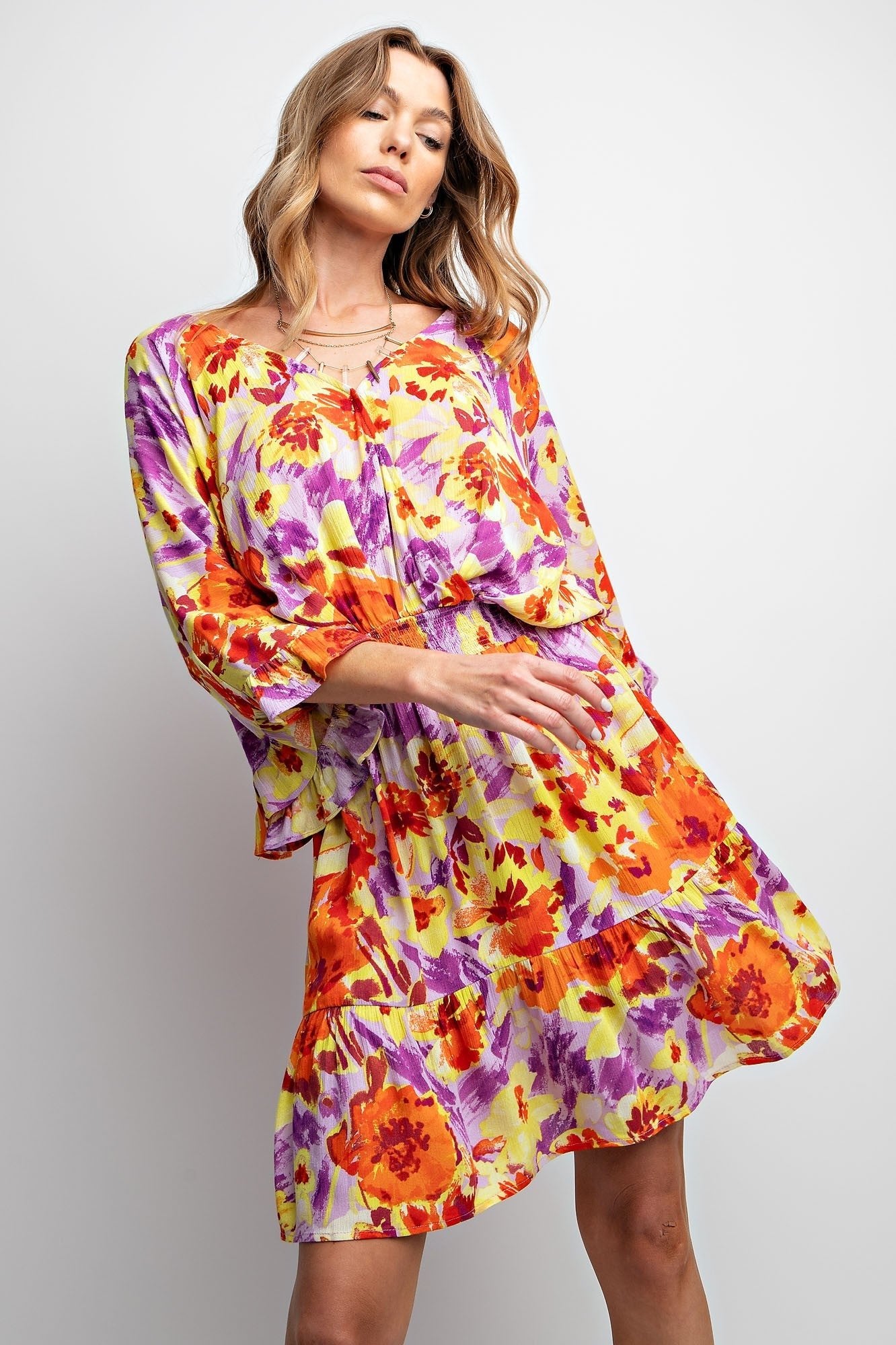 Sale Easel Floral Print Gauze Woven Dress - Blush & Cactus