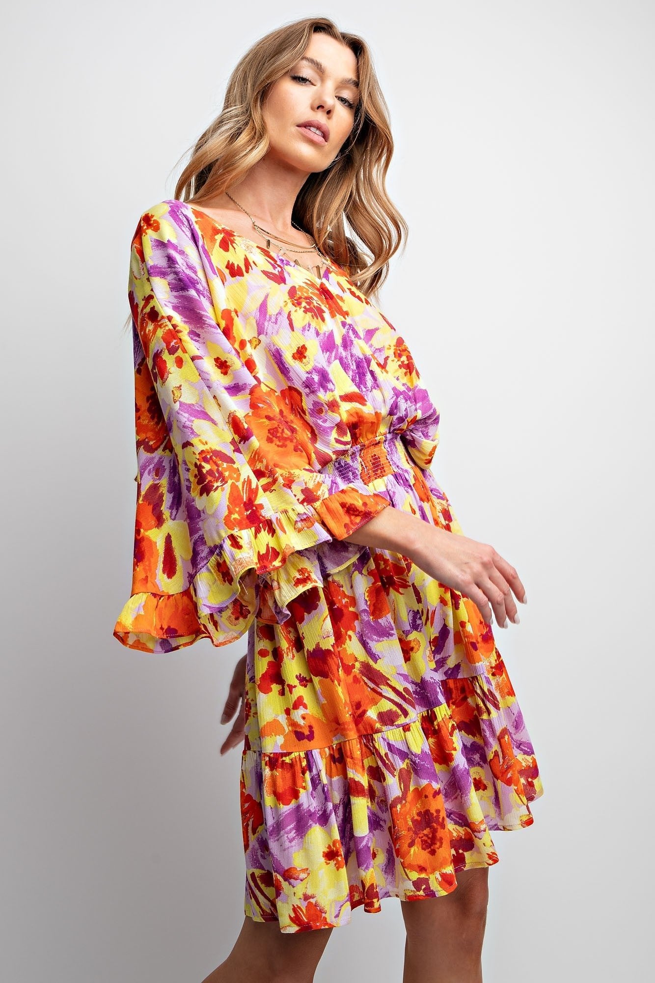 Sale Easel Floral Print Gauze Woven Dress - Blush & Cactus