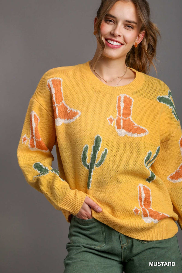 Cactus Boots and Cactus Patched Pullover Sweater