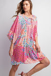 SALE Easel Floral Patchwork Print Gauze Babydoll Dress - Blush & Cactus