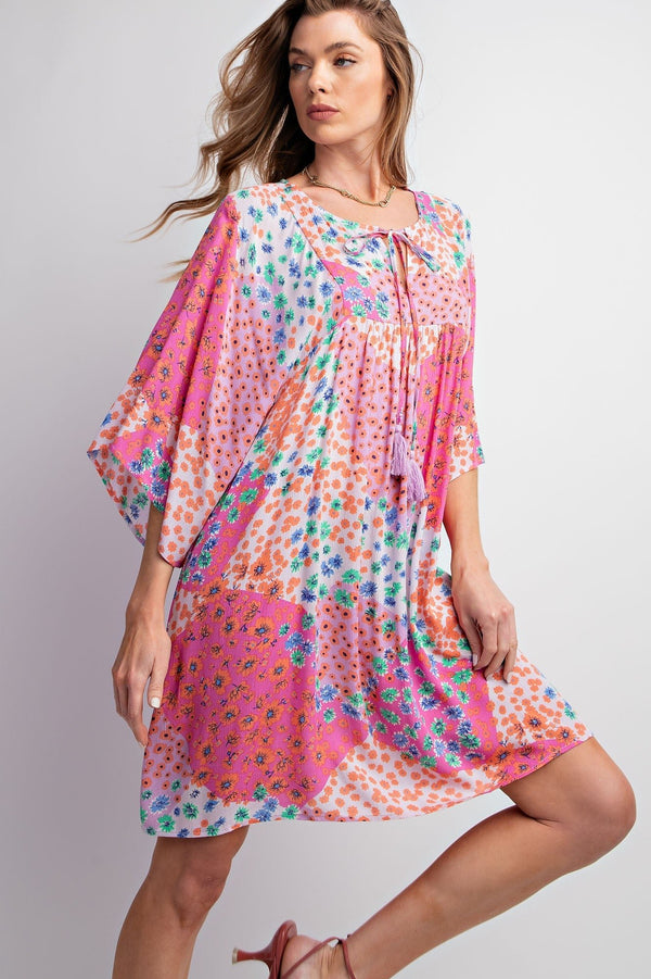 SALE Easel Floral Patchwork Print Gauze Babydoll Dress - Blush & Cactus