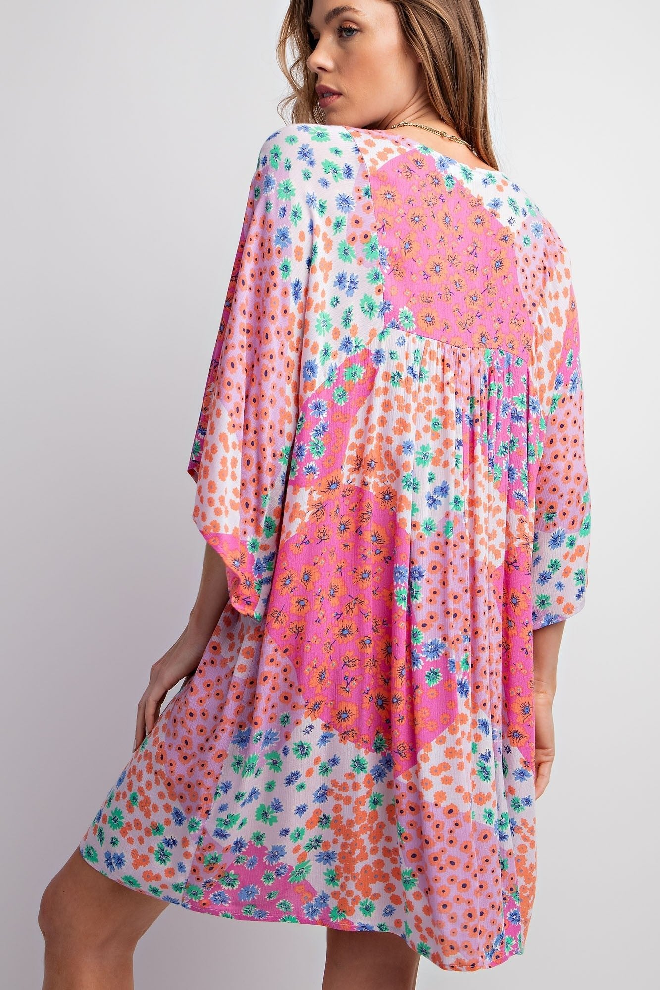 SALE Easel Floral Patchwork Print Gauze Babydoll Dress - Blush & Cactus