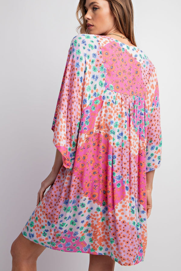 SALE Easel Floral Patchwork Print Gauze Babydoll Dress - Blush & Cactus