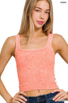 2 Way Neckline Washed Ribbed Cropped Tank Top - 6 Colors