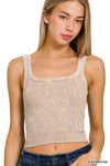 2 Way Neckline Washed Ribbed Cropped Tank Top - 6 Colors