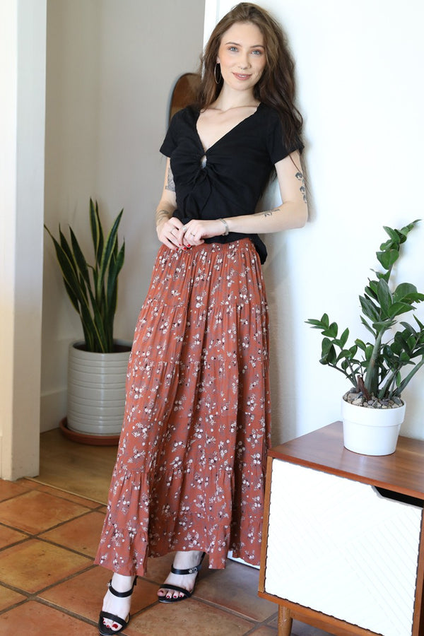 Angie Ditsy Print Smocked Waist Tiered Maxi Skirt