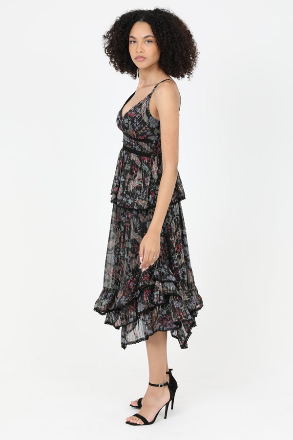 V-neck Ruffle Skirt Lurex Chiffon Lined Maxi Dress