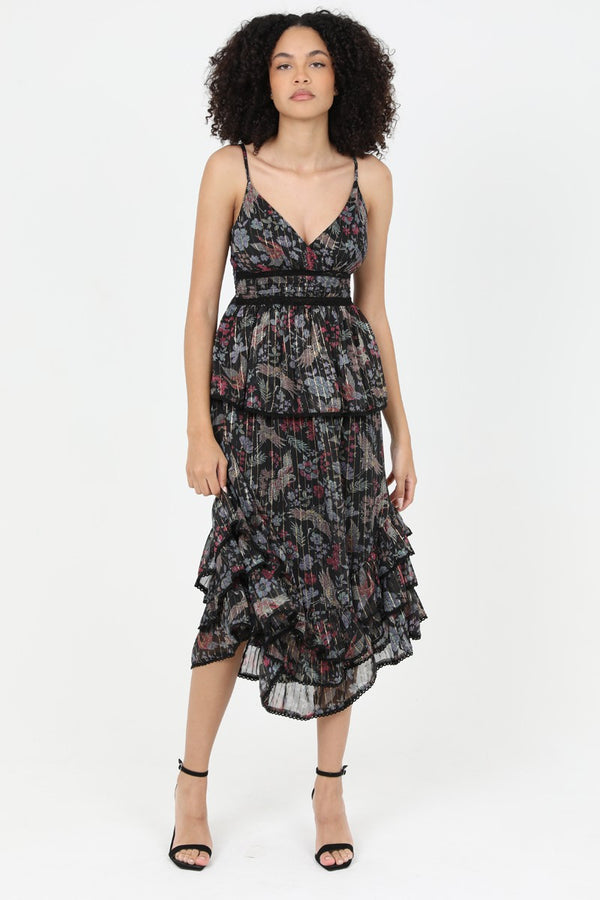 V-neck Ruffle Skirt Lurex Chiffon Lined Maxi Dress