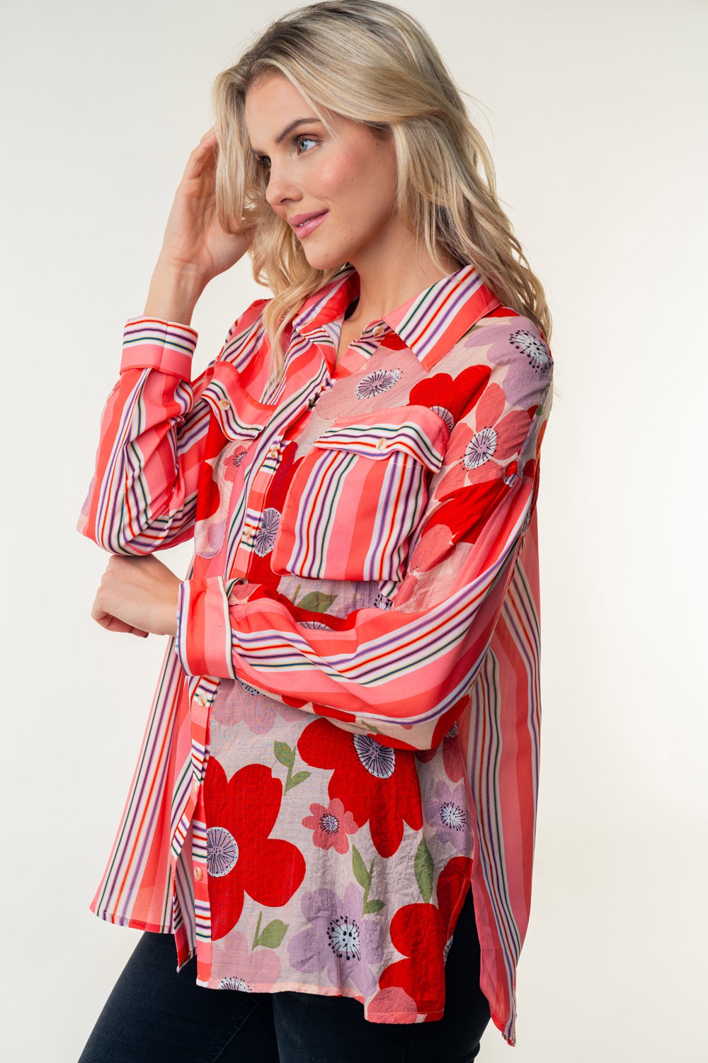 White Birch Long Sleeve Color Block Woven Top - Curvy Size