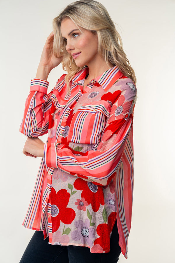 White Birch Long Sleeve Color Block Woven Top - Curvy Size